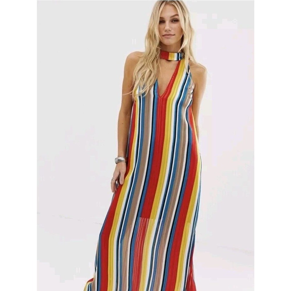 70's Style Striped Satin Maxi Dress Flowy Womens Festival A7